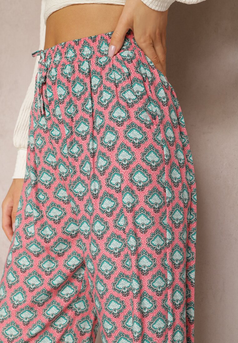 Różowe Szerokie Spodnie z Gumką w Talii z Wiskozy w Mozaikowy Print Wavelette