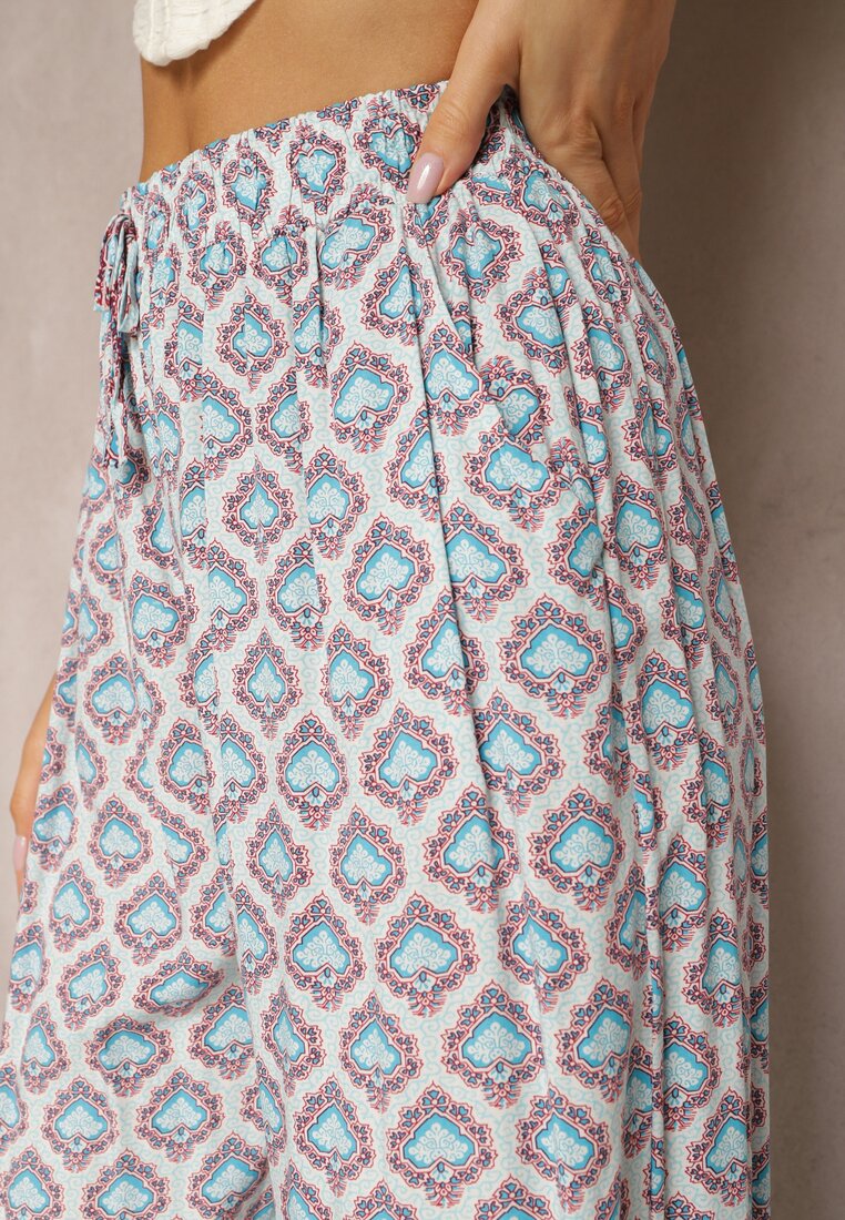 Jasnoniebieskie Szerokie Spodnie z Gumką w Talii z Wiskozy w Mozaikowy Print Wavelette