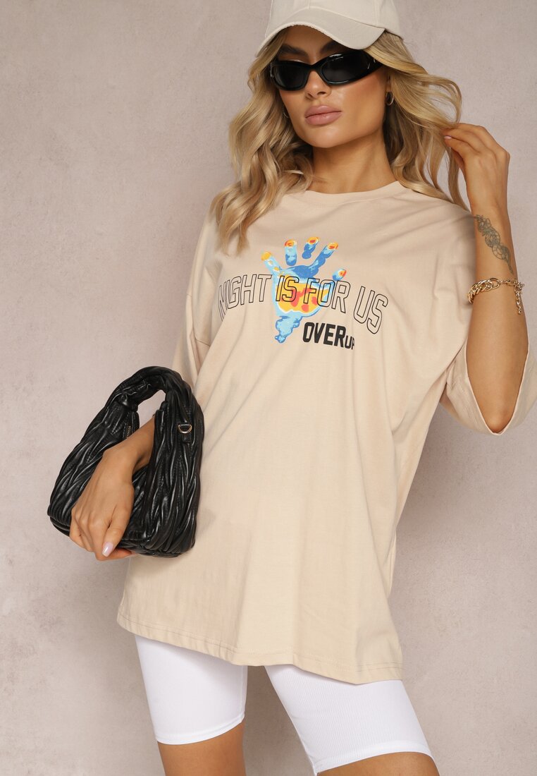 Beżowy Bawełniany T-shirt z Nadrukami z Przodu i z Tyłu Dianara