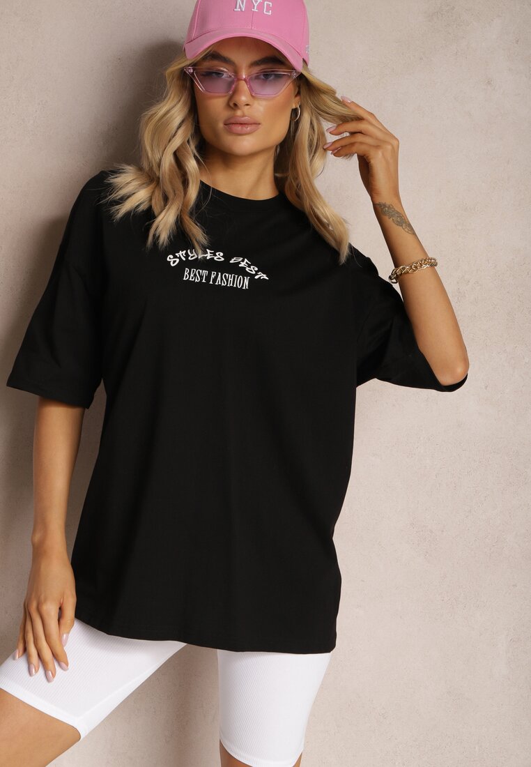 Czarny Bawełniany T-shirt o Fasonie Oversize z Nadrukiem na Przodzie Lisitha