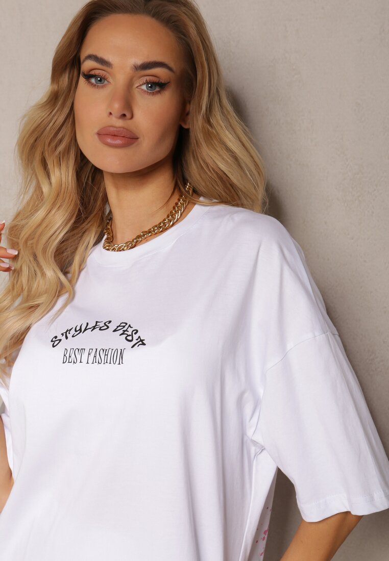 Biały Bawełniany T-shirt o Fasonie Oversize z Nadrukiem na Przodzie Lisitha
