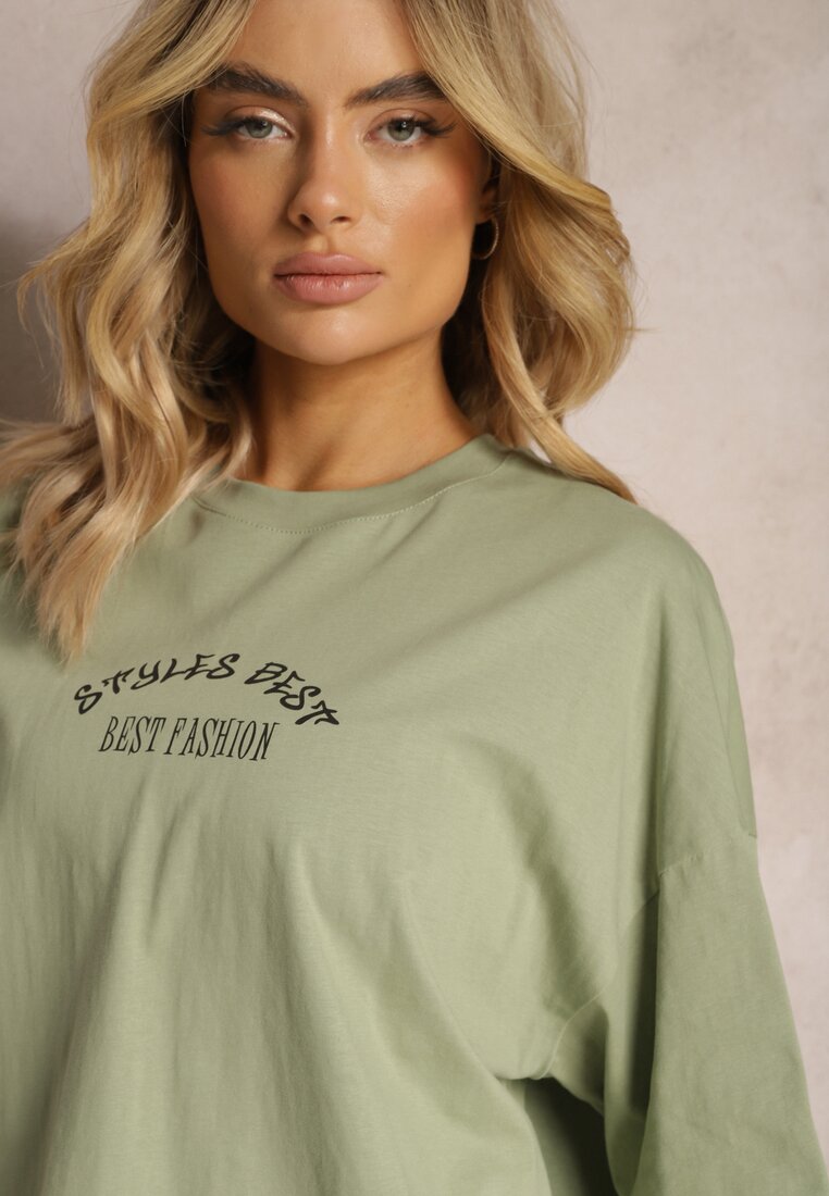 Jasnozielony Bawełniany T-shirt o Fasonie Oversize z Nadrukiem na Przodzie Lisitha