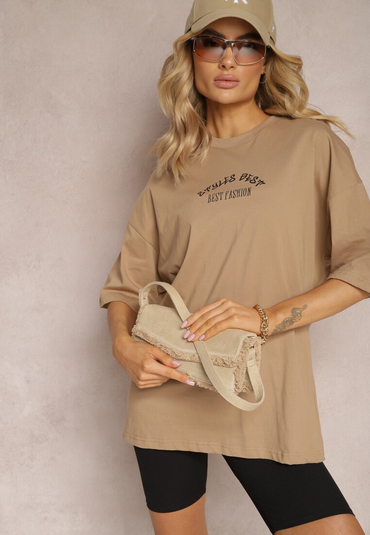 Beżowy Bawełniany T-shirt o Fasonie Oversize z Nadrukiem na Przodzie Lisitha