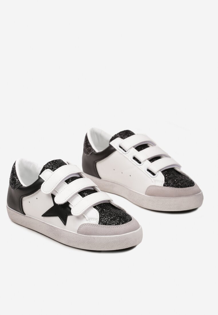Czarno-Białe Sneakersy Ozdobione Brokatem z Rzepami Dolanda