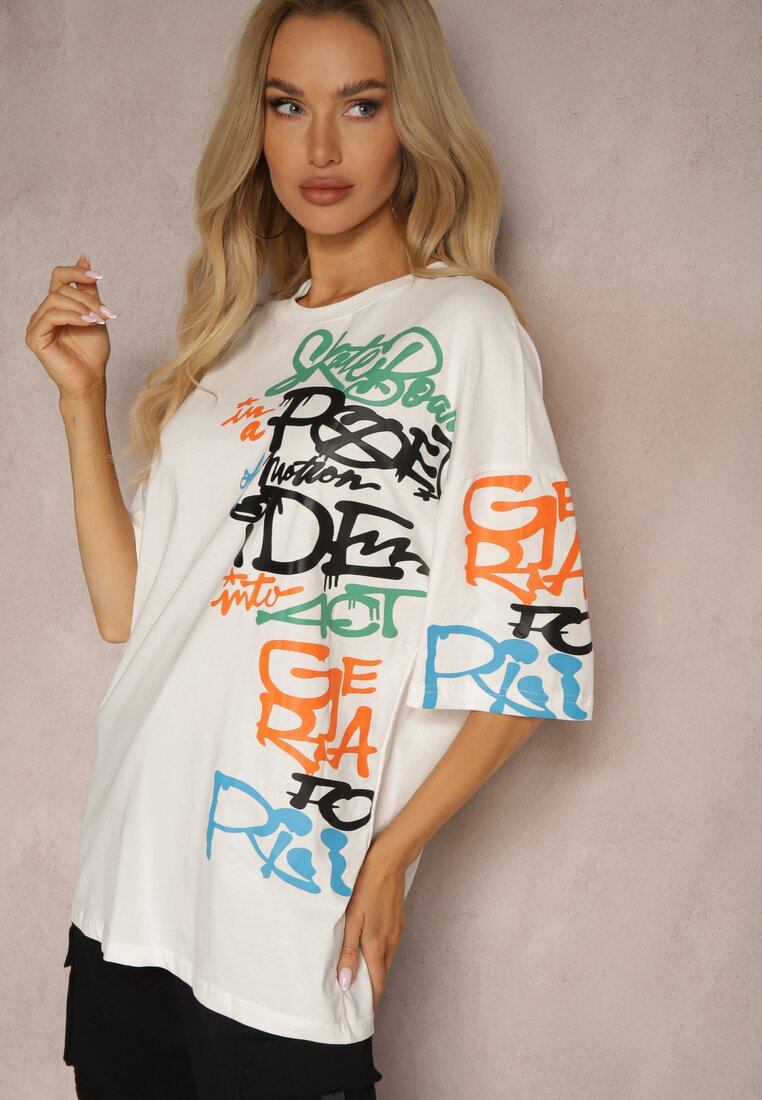 Biała Koszulka T-shirt z Napisami w Stylu Graffiti z Bawełny Venoma