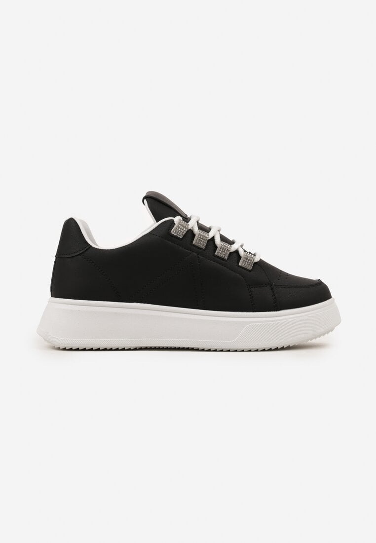 Sneakerși Negri Înnodati din Piele Ecologică pe Talpă Groasă cu Pietre Strass Decorative Nevarra
