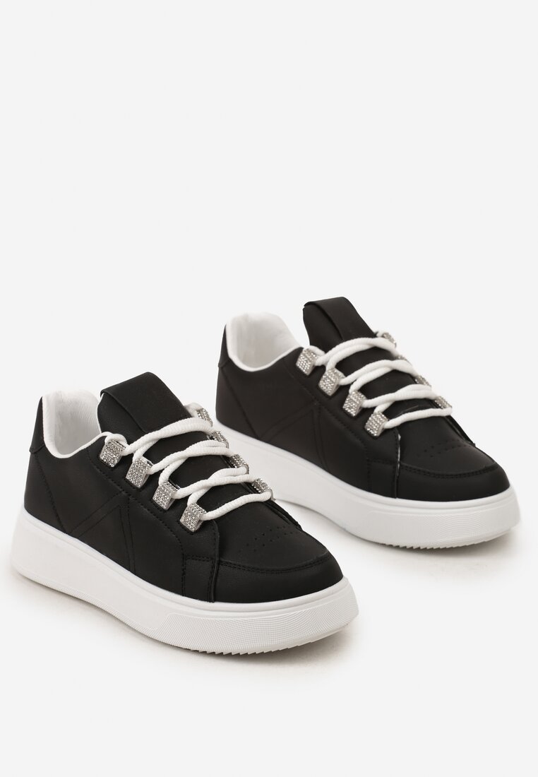 Sneakerși Negri Înnodati din Piele Ecologică pe Talpă Groasă cu Pietre Strass Decorative Nevarra