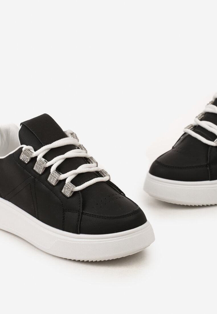 Sneakerși Negri Înnodati din Piele Ecologică pe Talpă Groasă cu Pietre Strass Decorative Nevarra