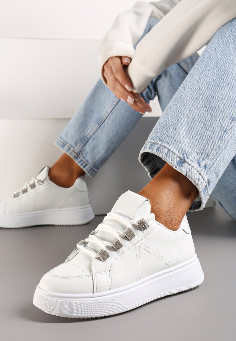 Sneakers Albi din Piele Ecologică cu Șireturi pe Talpă Groasă cu Zirconiu Decorativ Nevarra