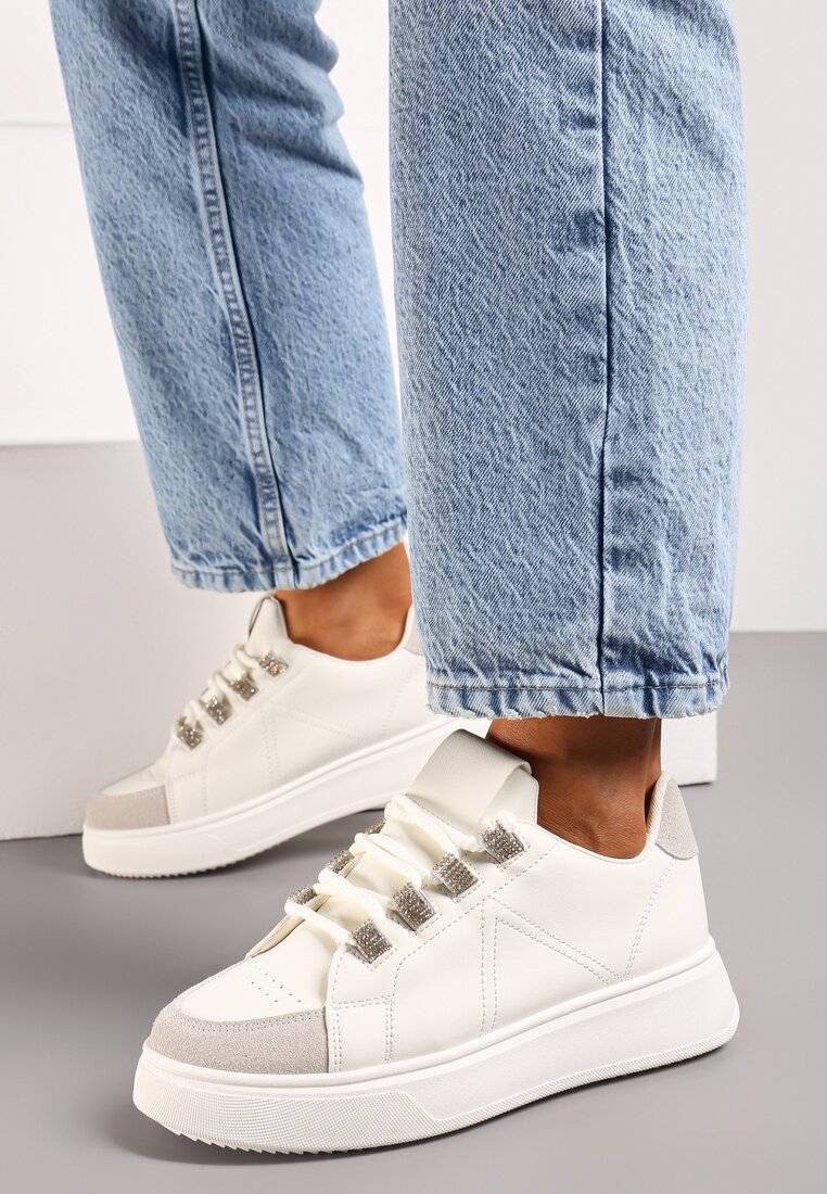 Sneakers Bej cu Șiret din Piele Ecologică pe Talpă Groasă cu Zirconiu Decorativ Nevarra