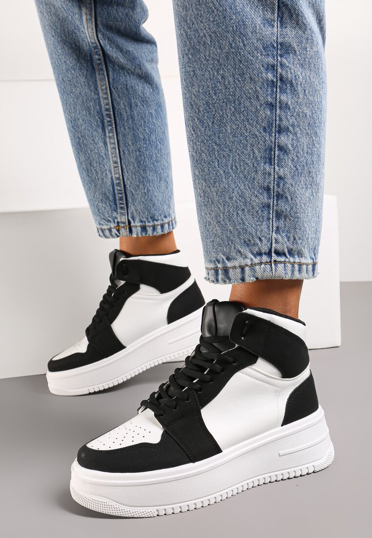 Biało-Czarne Sneakersy za Kostkę z Platformą i Sznurowaniem Aldera