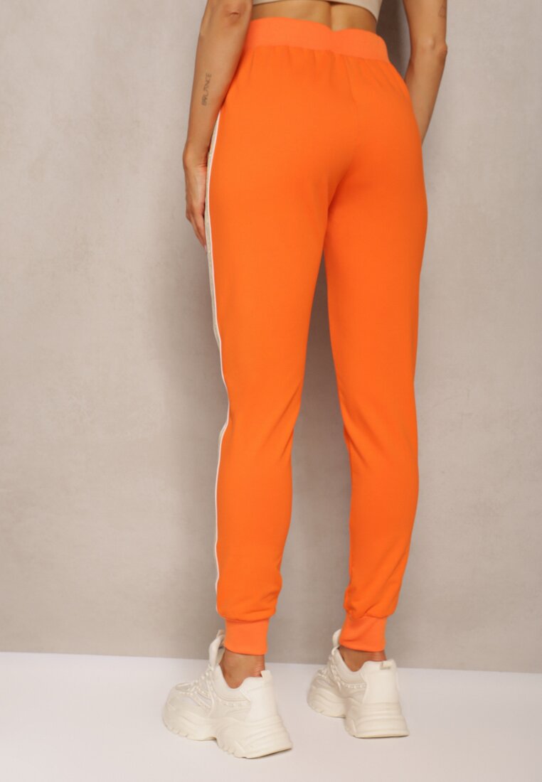 Pomarańczowe Spodnie Dresowe High Waist z Lampasami Skadia