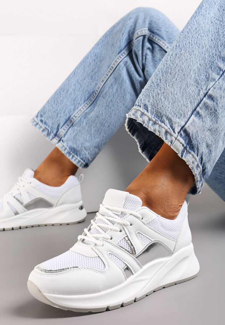 Białe Sneakersy z Siateczkowymi i Metalicznymi Zdobieniami Detama