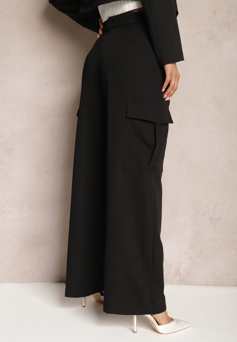 Czarne Szerokie Spodnie High Waist w Eleganckim Stylu z Kieszeniami Cargo Dekanna