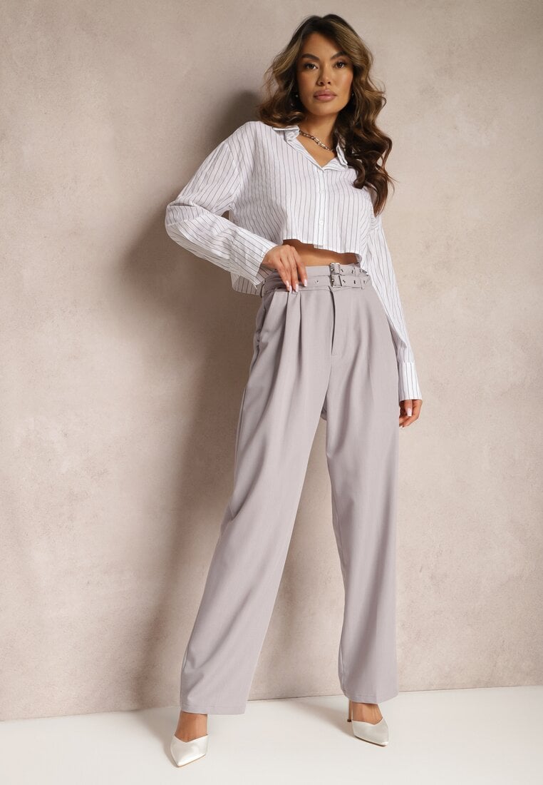 Pantaloni Gri High Waist Stil Costum cu Curele și Catarame Daklena