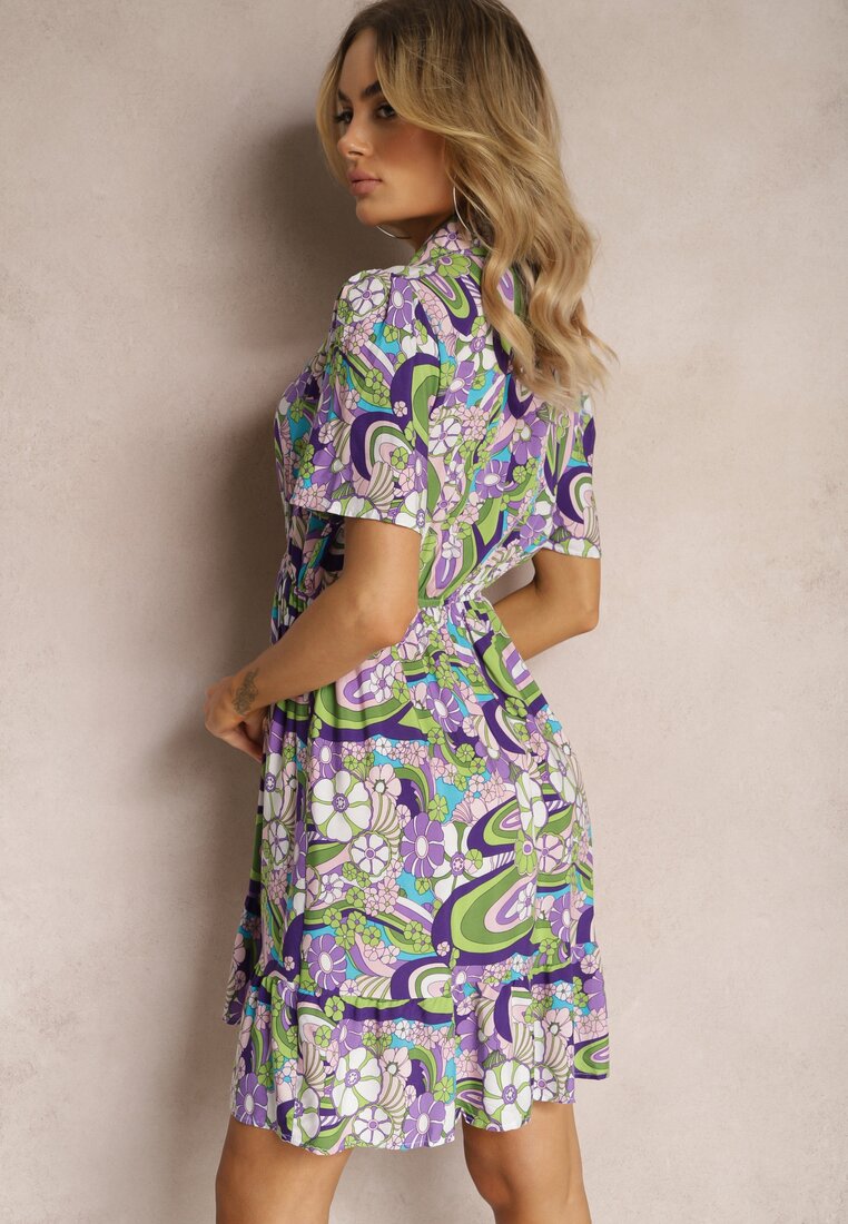 Fioletowa Bawełniana Sukienka Koszulowa w Malowniczy Kwiecisty Print Ankeldia