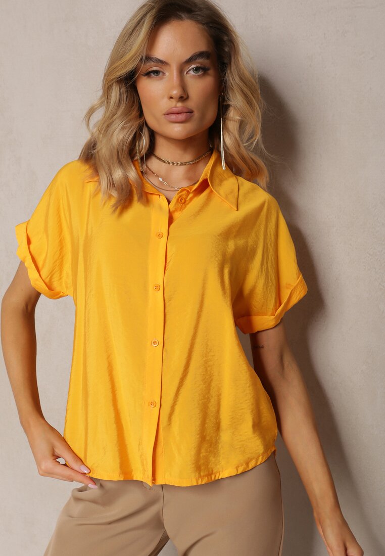 Żółta Asymetryczna Koszula Wiskozowa z Krótkim Rękawem Loreleis