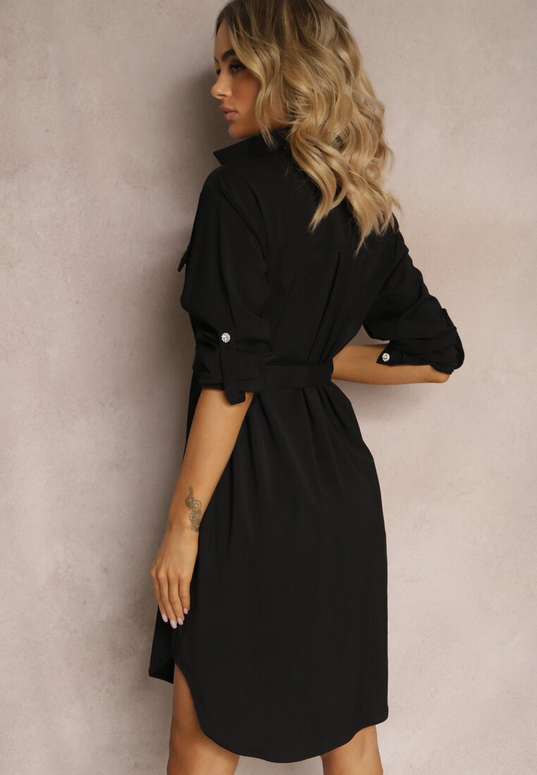Czarna Koszulowa Sukienka Utility z Eleganckim Paskiem w Komplecie Miriams