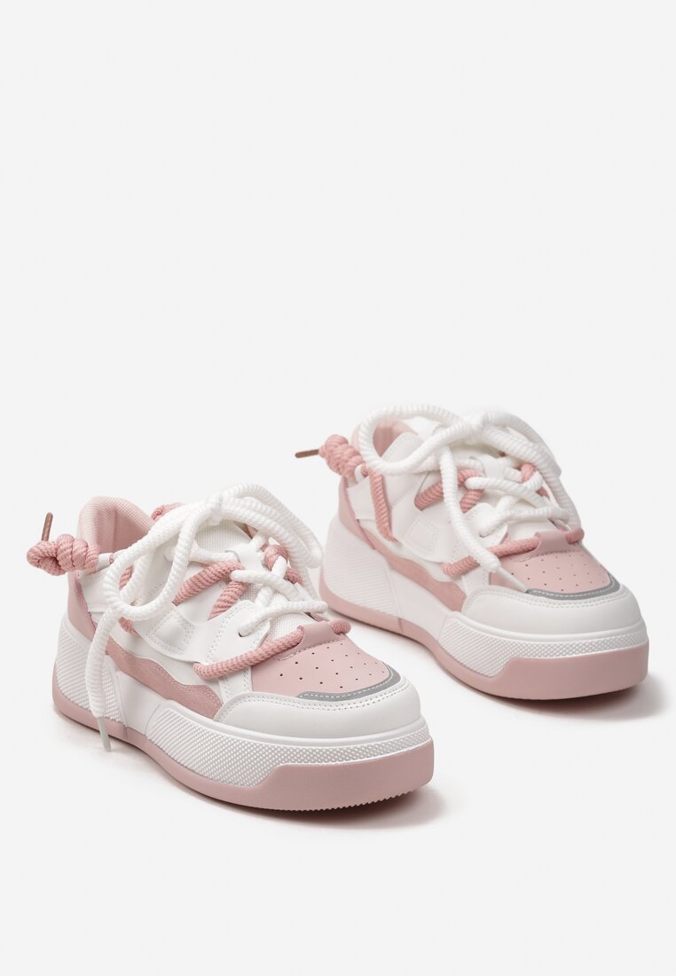Biało-Różowe Sneakersy na Platformie z Grubymi Sznurówkami i Delikatną Perforacją Tarvie