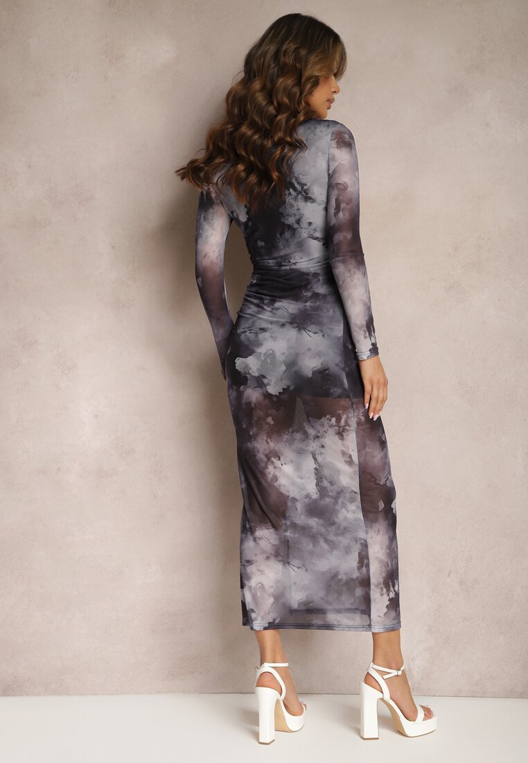 Szara Siateczkowa Sukienka Bodycon w Marmurkowy Wzór z Rozcięciem na Dole Valerimes