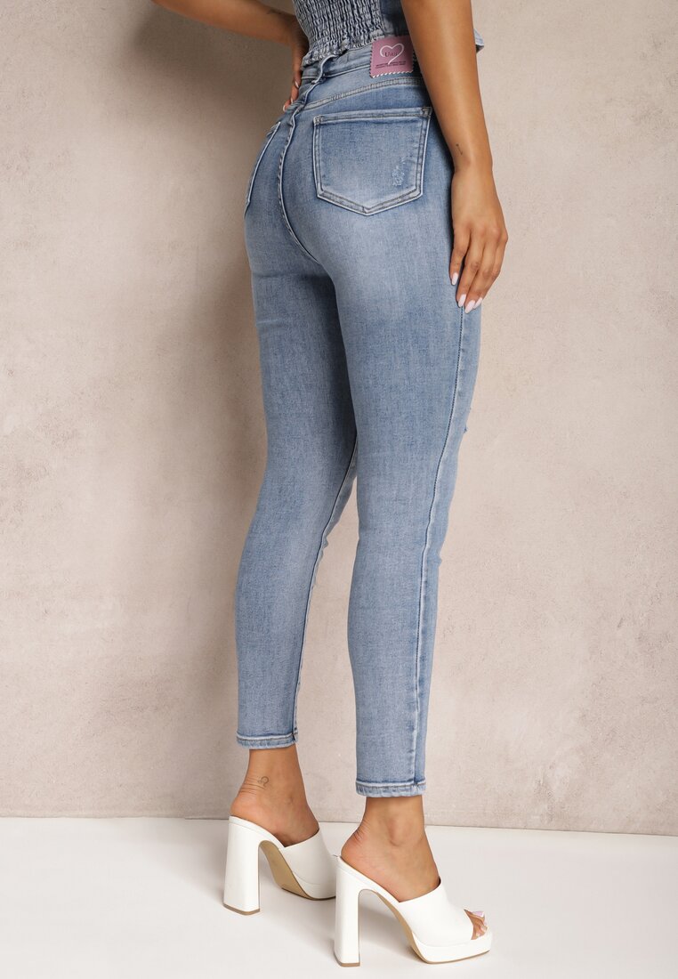 Blugi Skinny Casual Bleu Deschis din Bumbac cu Zgârieturi pe Picioare Cirea