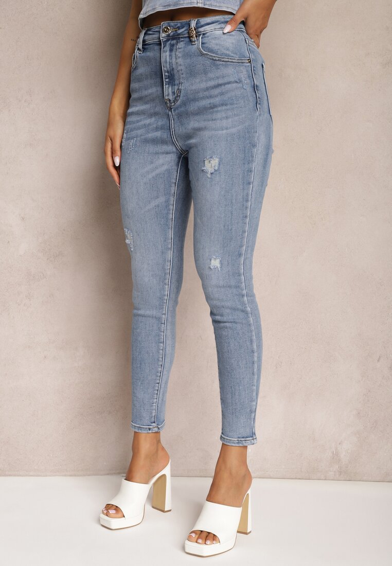 Blugi Skinny Casual Bleu Deschis din Bumbac cu Zgârieturi pe Picioare Cirea