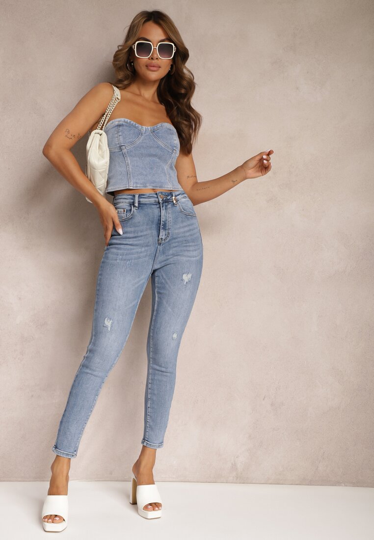 Blugi Skinny Casual Bleu Deschis din Bumbac cu Zgârieturi pe Picioare Cirea