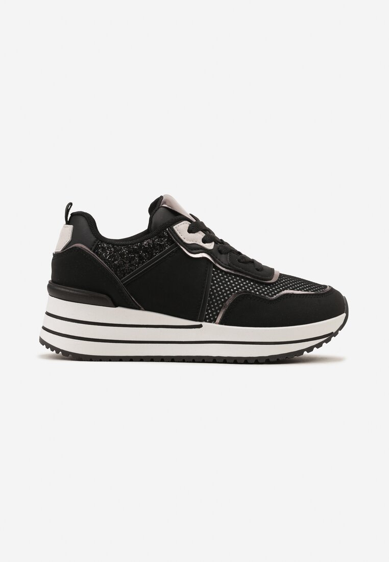 Czarne Sneakersy na Niskiej Platformie ze Wstawkami z Brokatu Quinnes