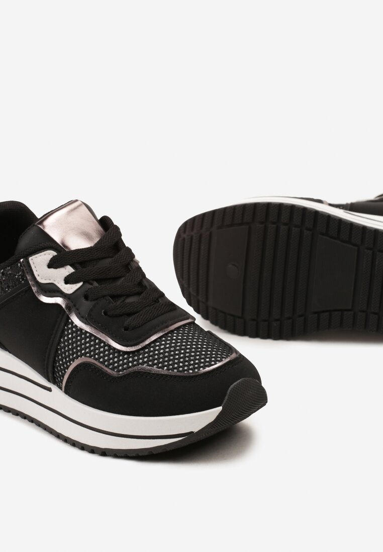 Czarne Sneakersy na Niskiej Platformie ze Wstawkami z Brokatu Quinnes
