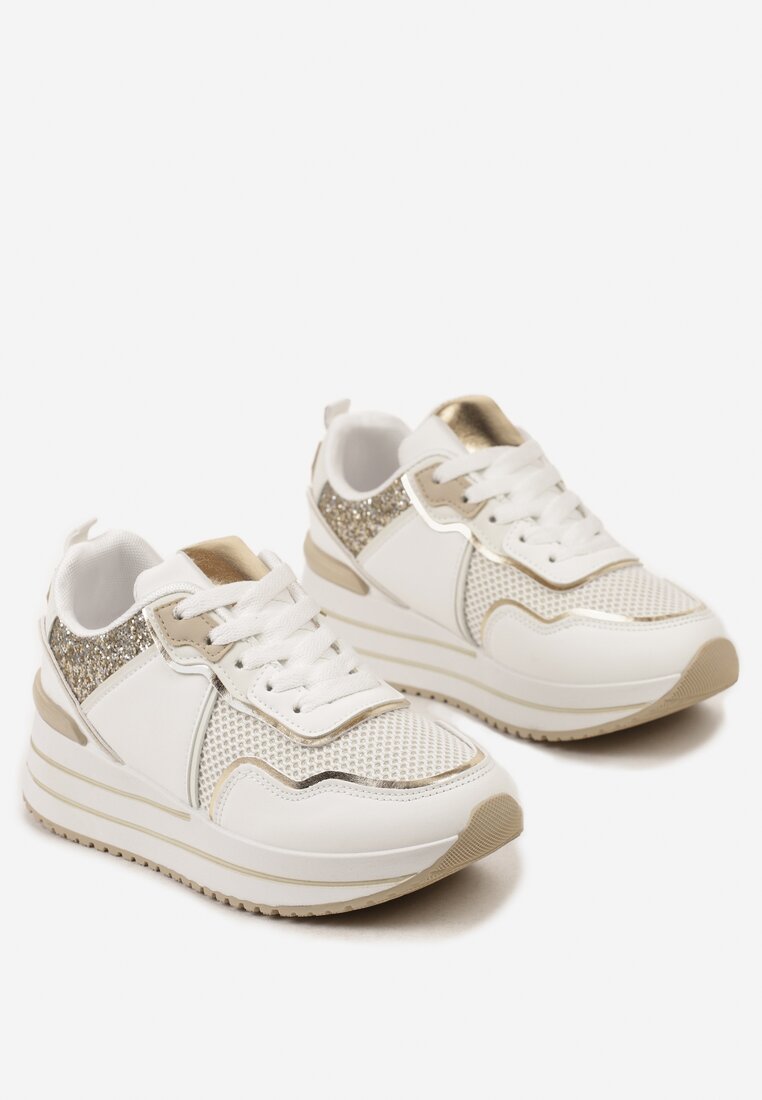 Białe Sneakersy na Niskiej Platformie ze Wstawkami z Brokatu Quinnes
