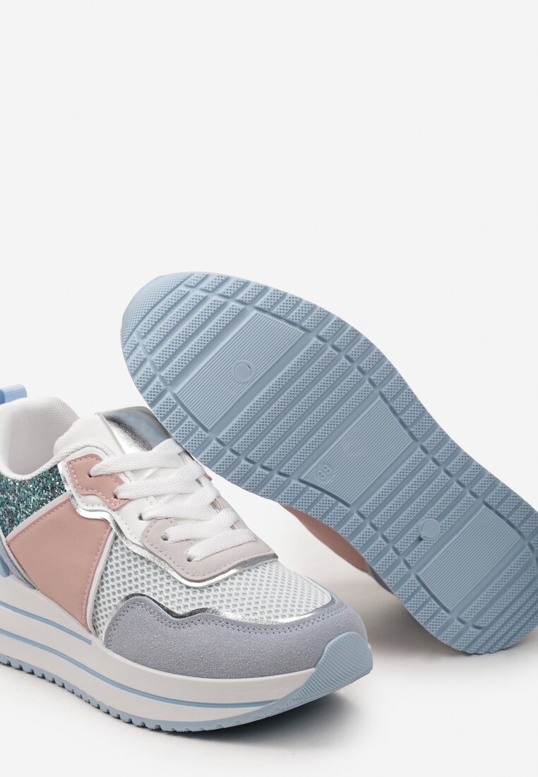 Niebieskie Sneakersy na Niskiej Platformie ze Wstawkami z Brokatu Quinnes