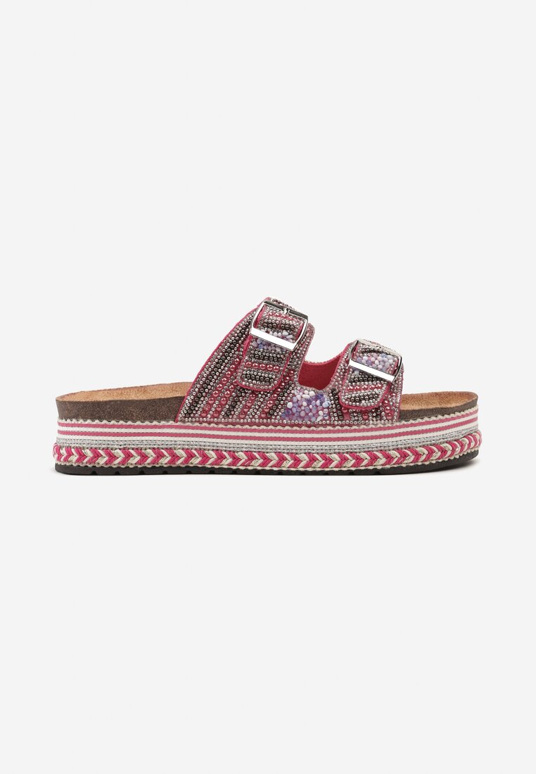 Papuci fucsia platformă model boho cu zirconii și catarame Meepka