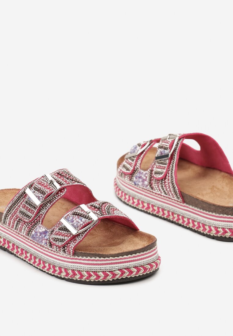 Papuci fucsia platformă model boho cu zirconii și catarame Meepka