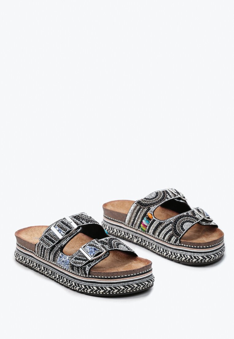 Clapete Negre cu Platformă Groasă Decorate cu Model Boho cu Zirconiu și Catarame Meepka