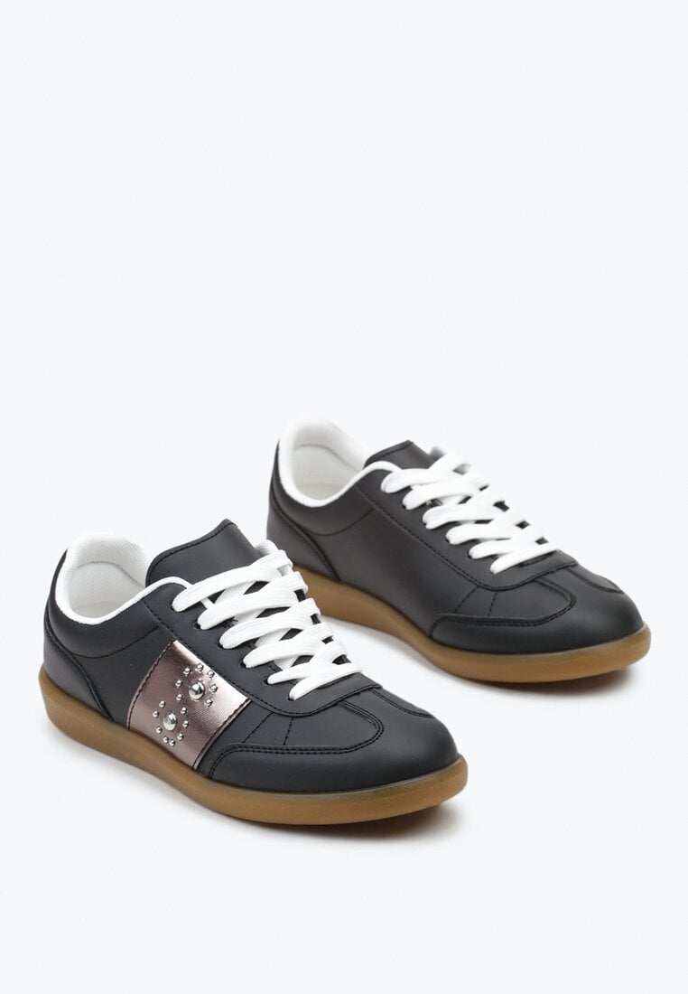 Sneakerși Negri cu Talpă Plată cu Șiret și Inserție Decorativă Drukesti