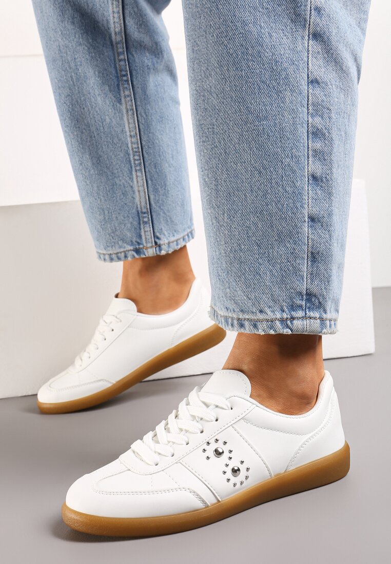 Sneakerși albi cu talpă joasă cu sistem de închidere și inserție decorativă Drukesti