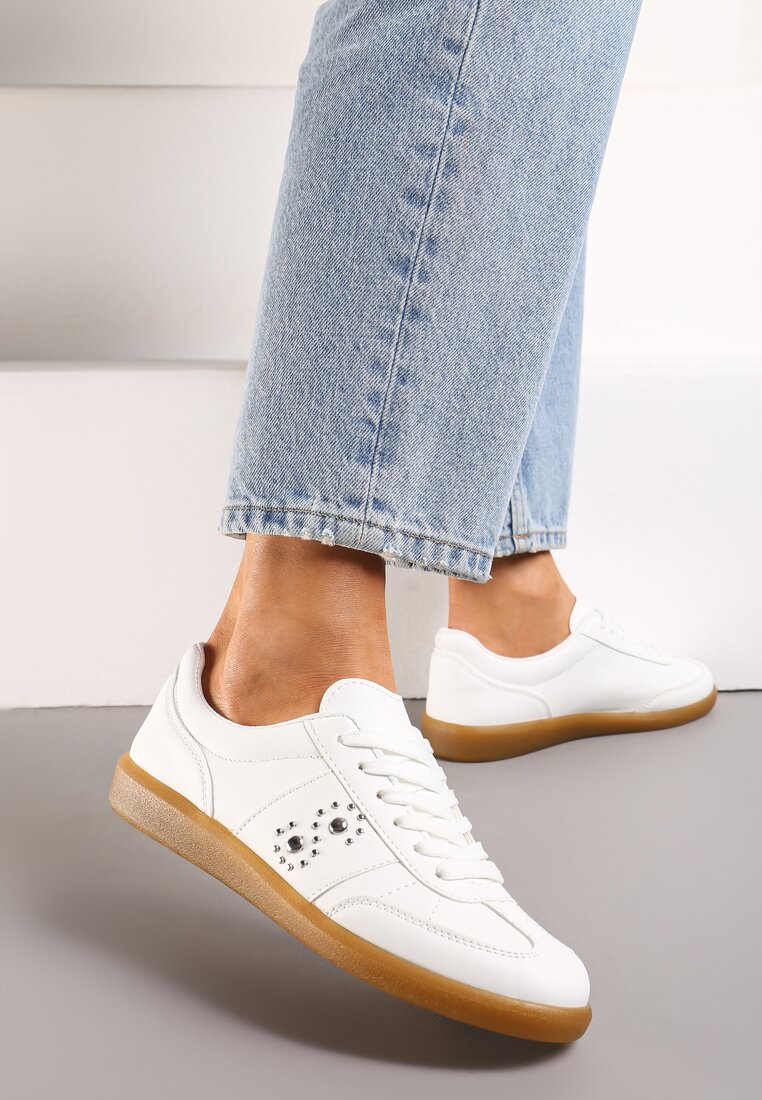 Sneakerși albi cu talpă joasă cu sistem de închidere și inserție decorativă Drukesti