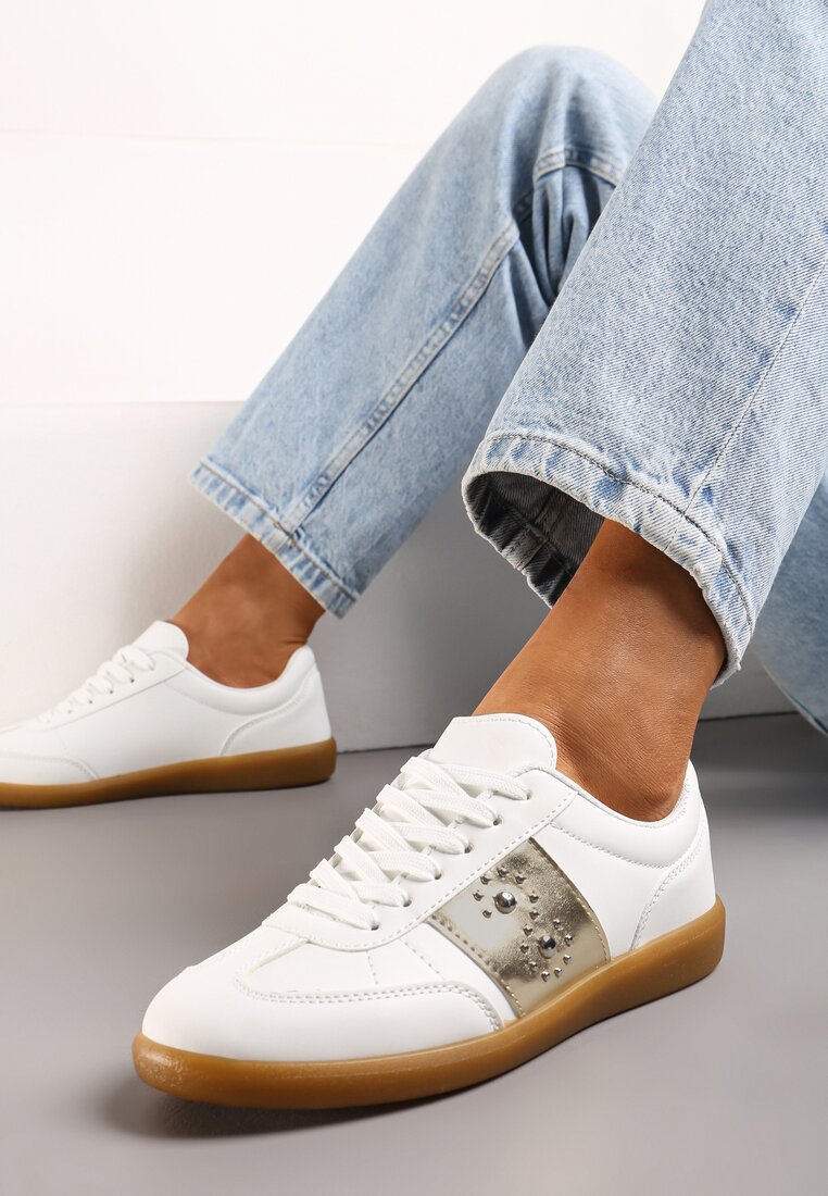 Sneakerși Alb-Aurii cu Talpă Plată cu Șiret și Inserție Decorativă Drukesti