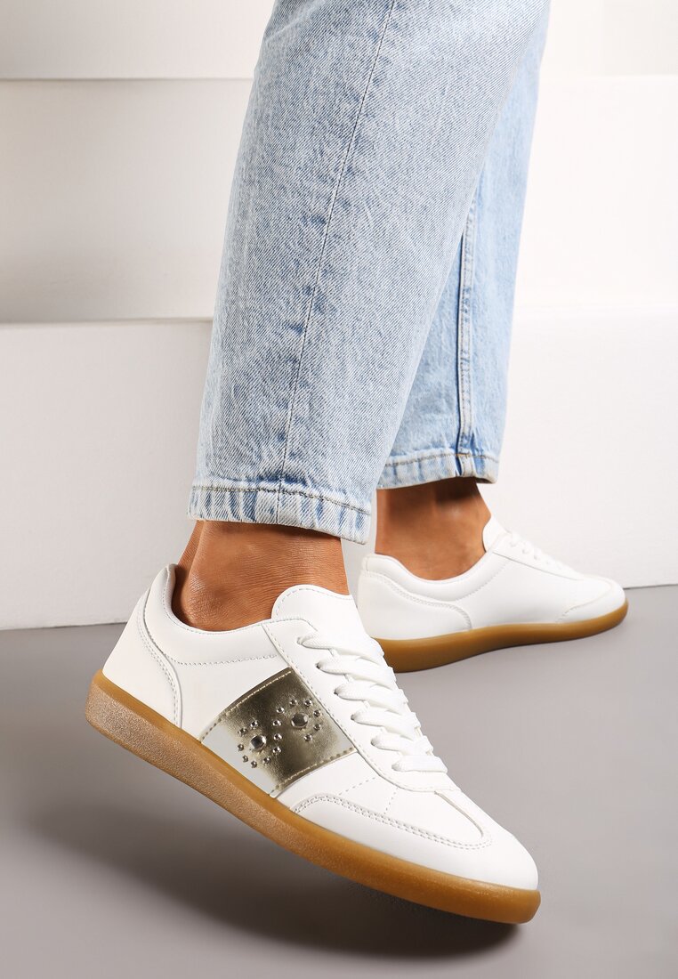 Sneakerși Alb-Aurii cu Talpă Plată cu Șiret și Inserție Decorativă Drukesti