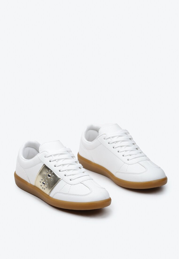 Sneakerși Alb-Aurii cu Talpă Plată cu Șiret și Inserție Decorativă Drukesti
