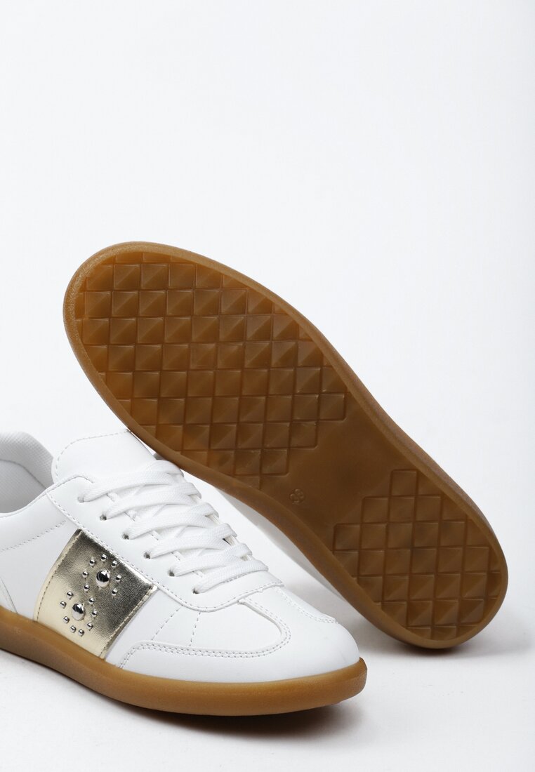 Sneakerși Alb-Aurii cu Talpă Plată cu Șiret și Inserție Decorativă Drukesti