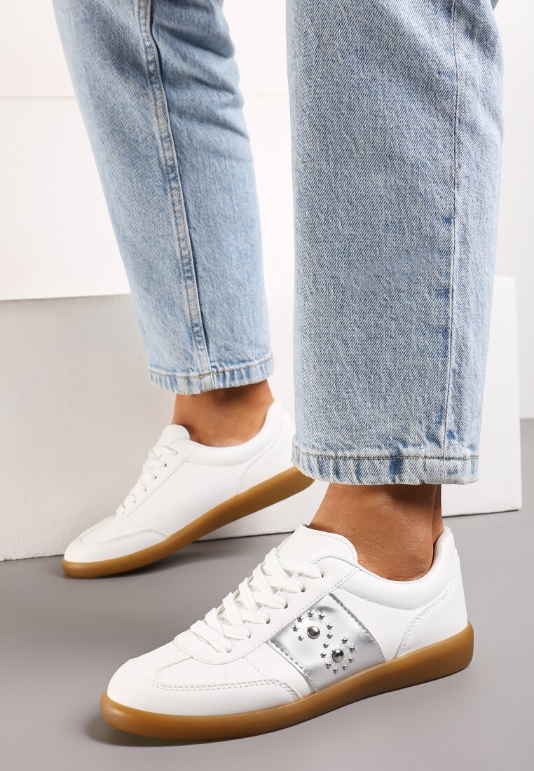 Sneakers Albi-Argintii cu Talpă Plată cu șiret și Inserție Decorativă Drukesti