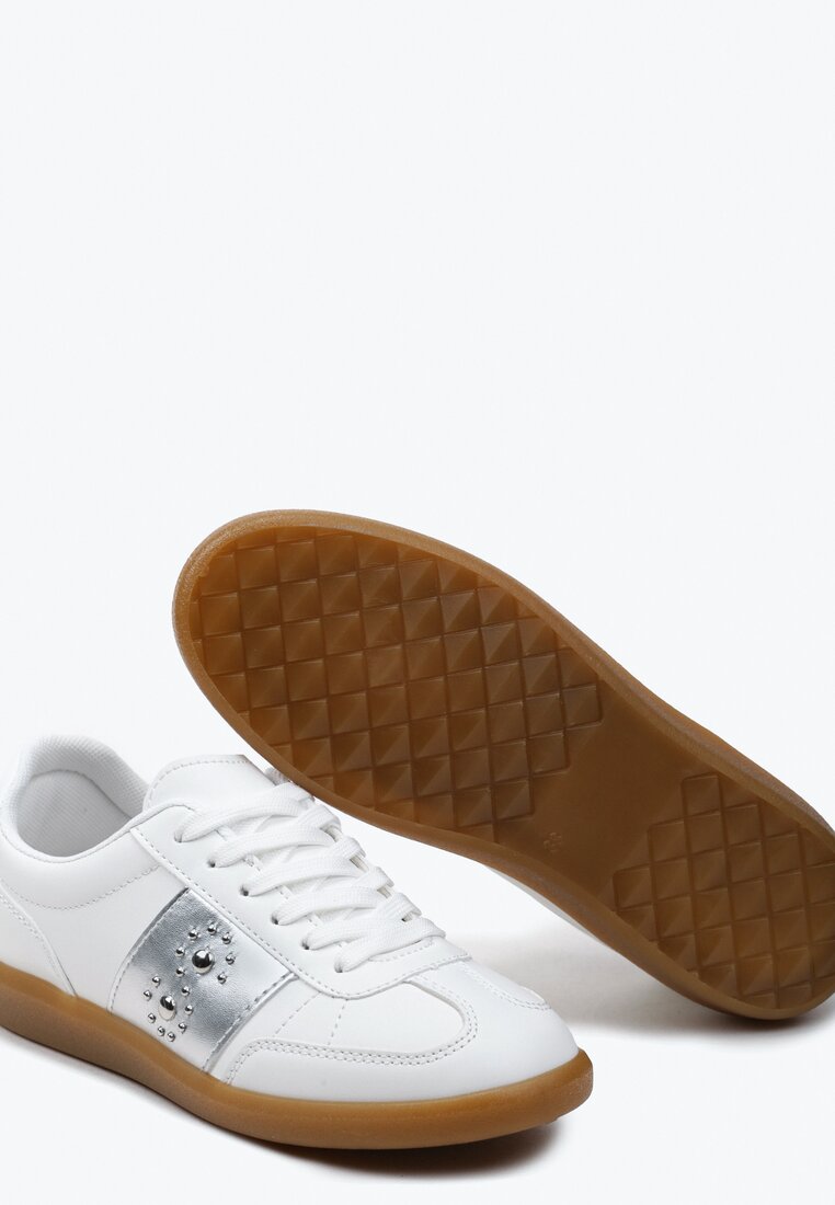 Sneakers Albi-Argintii cu Talpă Plată cu șiret și Inserție Decorativă Drukesti