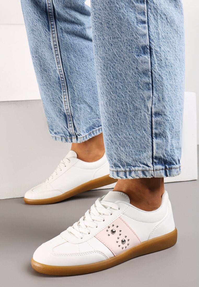Sneakerși Albi-Roz pe Talpă Plată cu Legare și Inserție Decorativă Drukesti