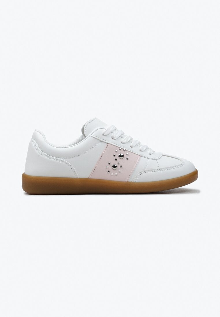 Sneakerși Albi-Roz pe Talpă Plată cu Legare și Inserție Decorativă Drukesti
