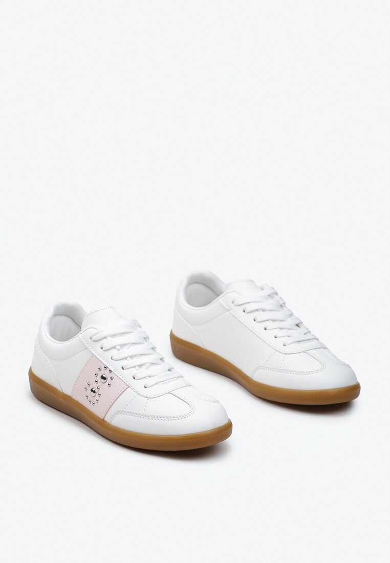 Sneakerși Albi-Roz pe Talpă Plată cu Legare și Inserție Decorativă Drukesti