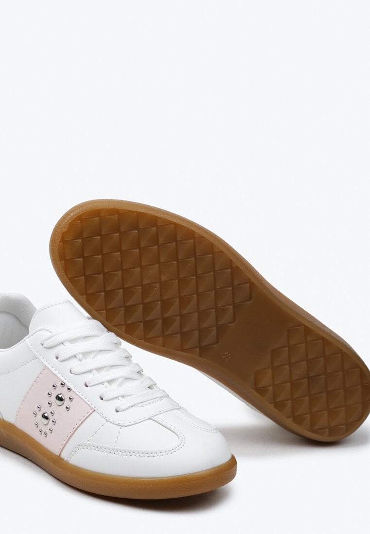Sneakerși Albi-Roz pe Talpă Plată cu Legare și Inserție Decorativă Drukesti