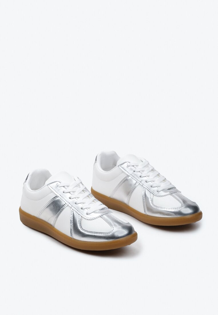 Srebrno-Białe Sneakersy Tenisówki z Ozdobnymi Przeszyciami Sumina
