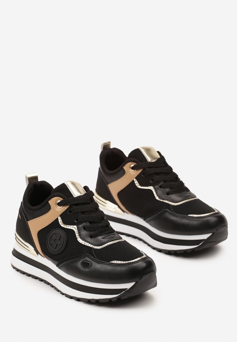 Czarne Sneakersy na Niskiej Platformie z Metalicznym Paskiem za Kostkę Dapphira