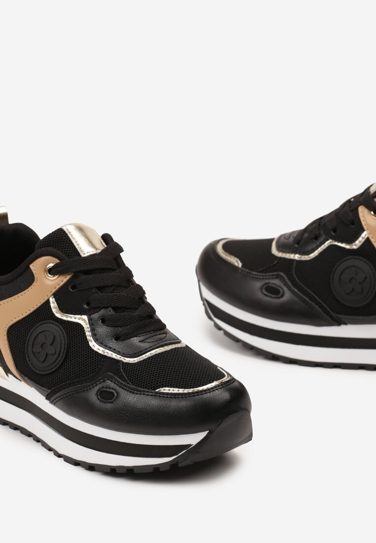 Czarne Sneakersy na Niskiej Platformie z Metalicznym Paskiem za Kostkę Dapphira